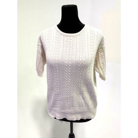 Career Essentials vintage cream cable knit short sleeve crewneck sweater - Picture 1 of 9